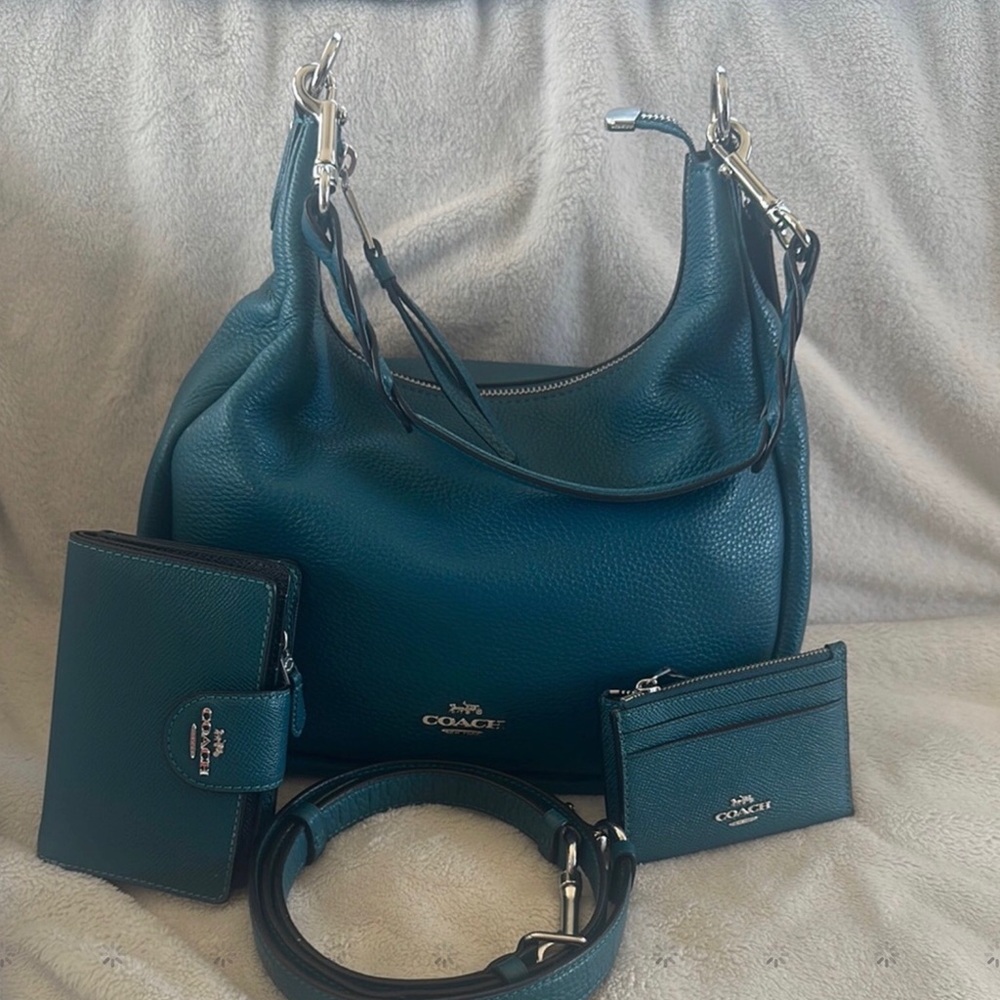 Coach Teal Leather  Hobo Bag Set with Curved Design